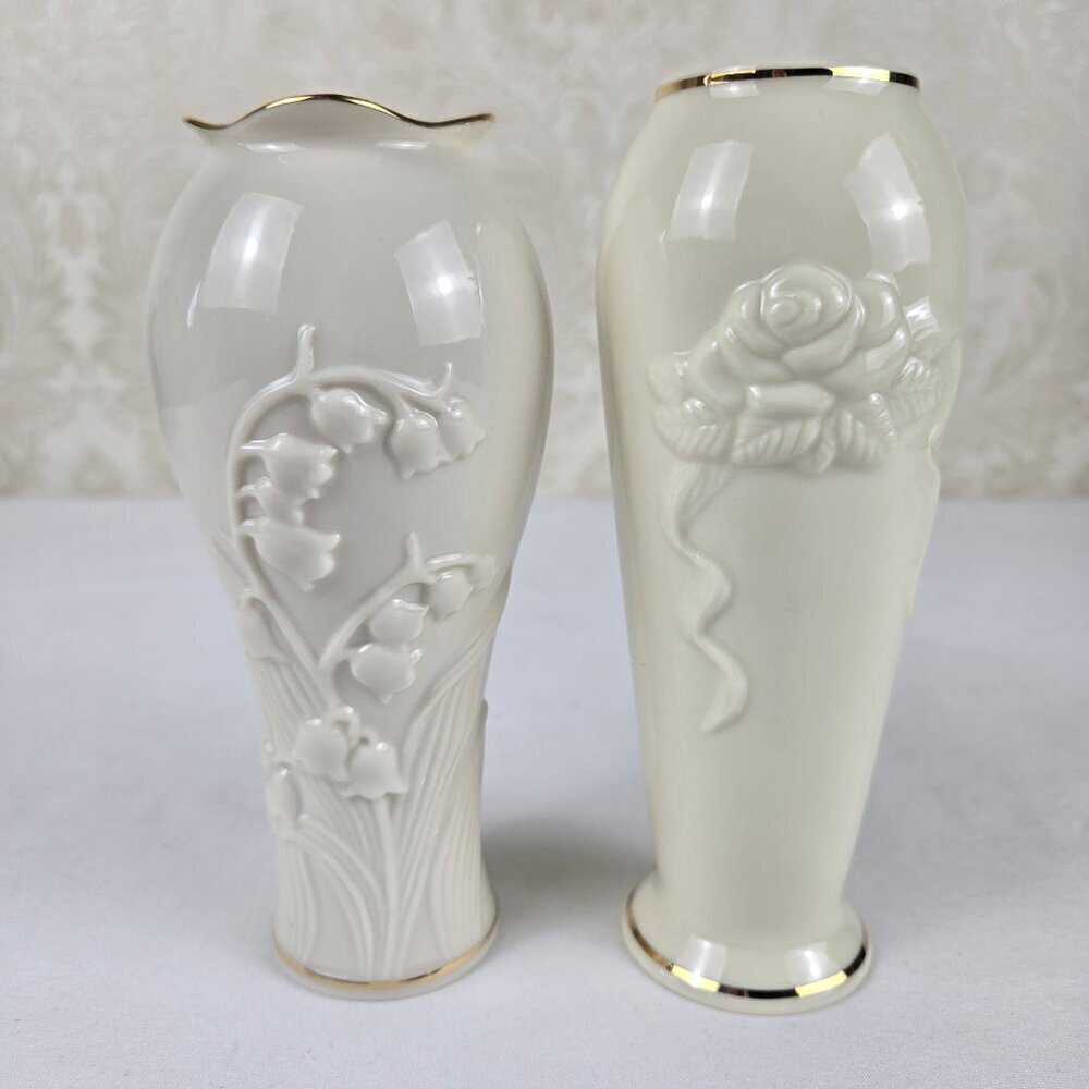 Set of 2 Lenox Vases Rose Blossom & Lily of the Valley Cream w/ 24K Gold Accents